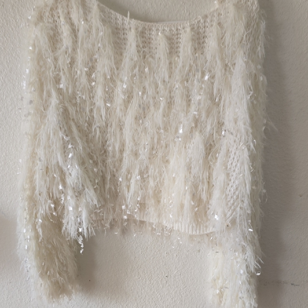 Altar'd State‎ Oversized Open Knit Cropped Sweater Womens Medium Fringe White - Picture 5 of 6